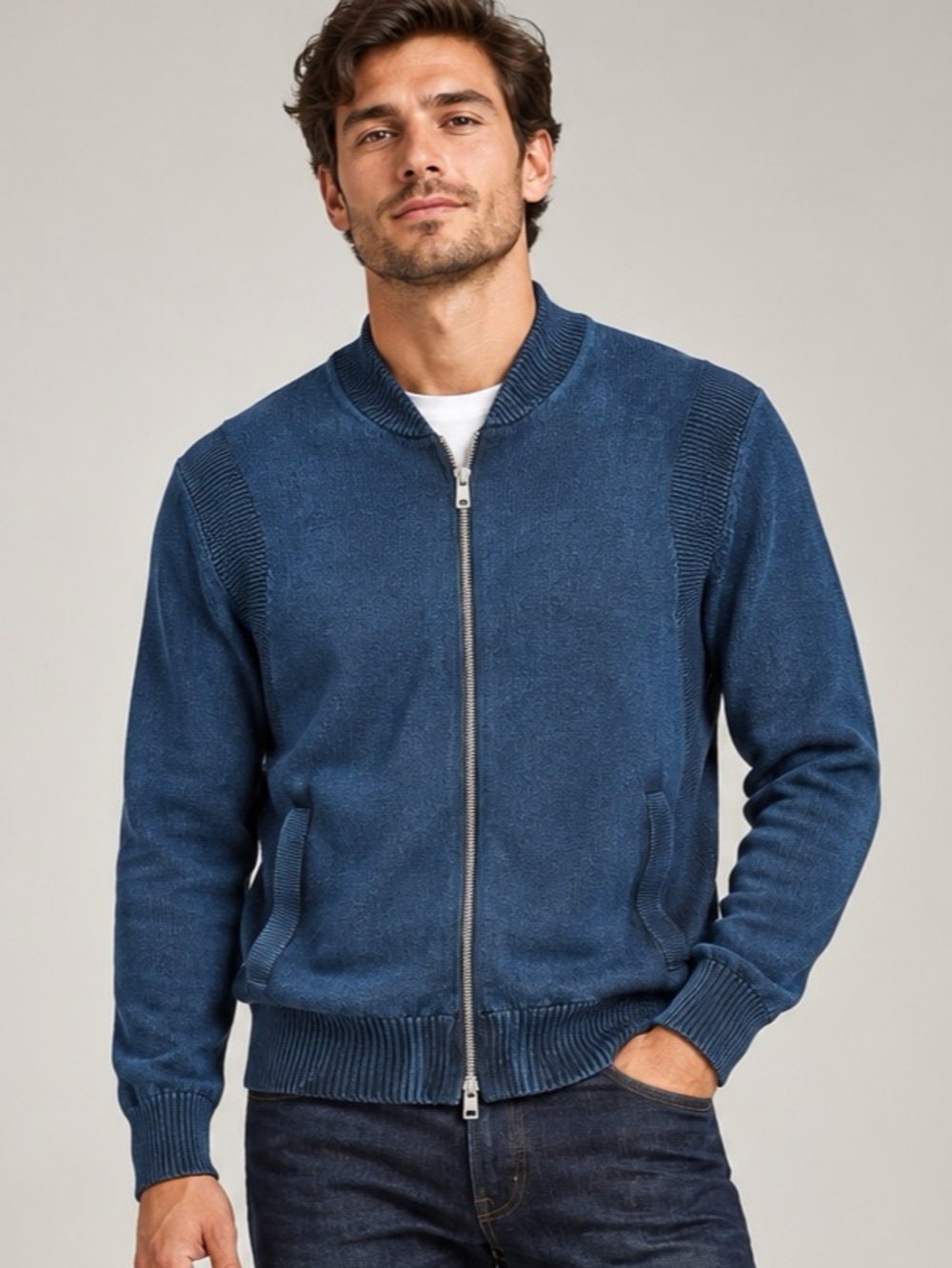 GUESS Men’s Blue Cotton Full-Zip Bomber Cardigan Sweater – Large